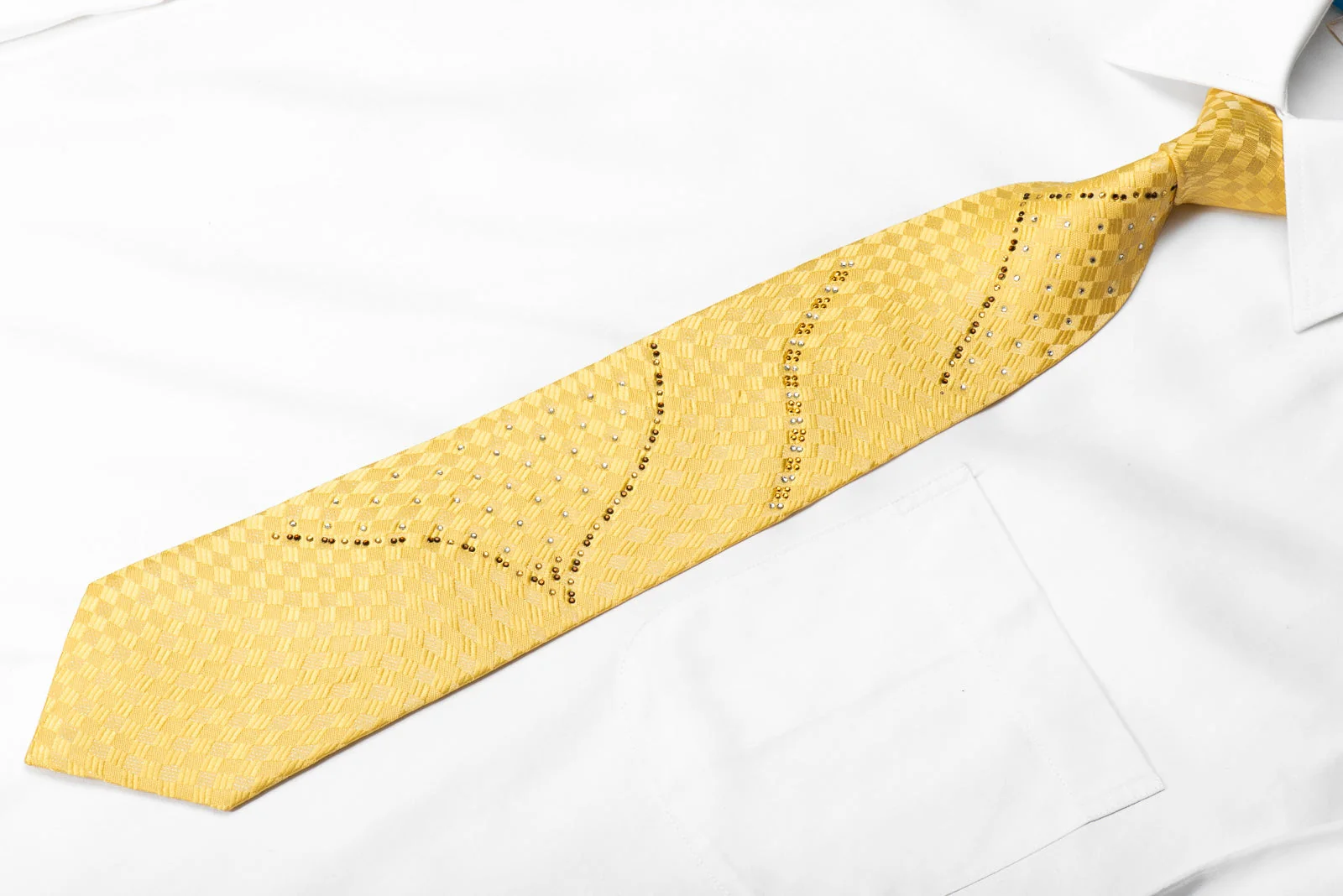 Paco Rabanne Men's Crystal Silk Necktie Yellow Checker With Silver Sparkles - Image 4