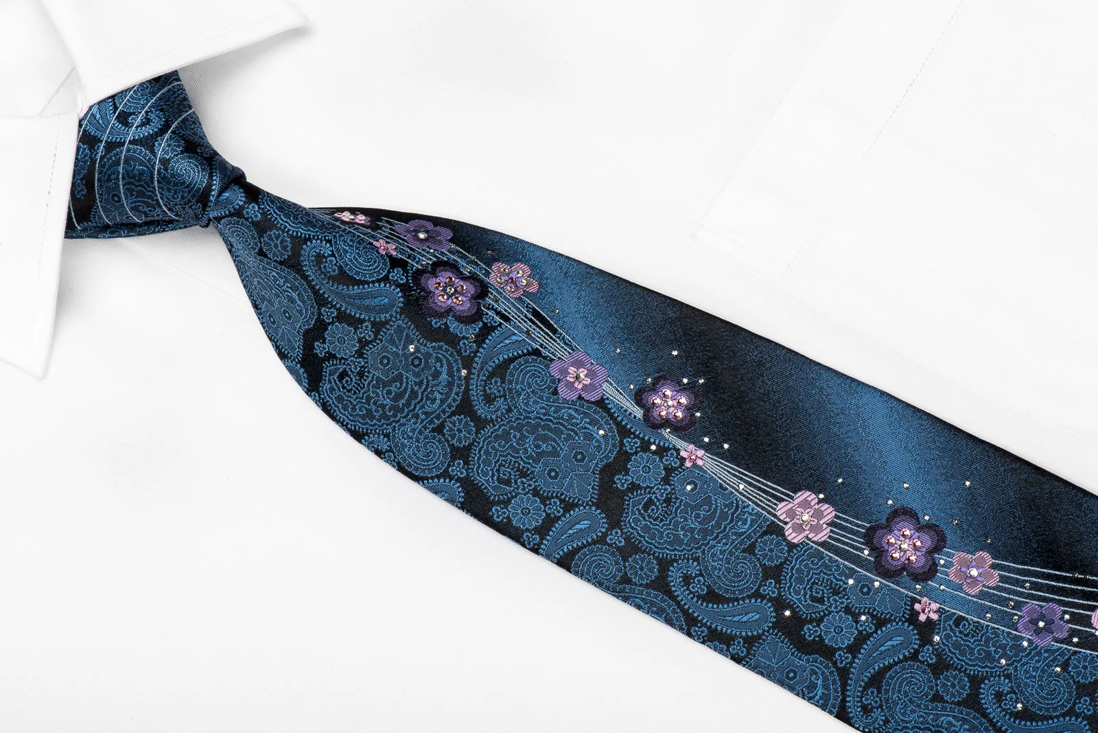 Paco Rabanne Men's Crystal Silk Neckties Floral & Paisley On Navy With Sparkles - Image 4