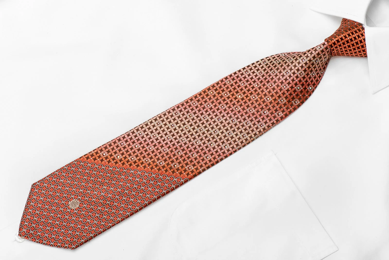 Paco Rabanne Men's Crystal Silk Tie Orange Geometric On Brown With Silver Sparkles - Image 2