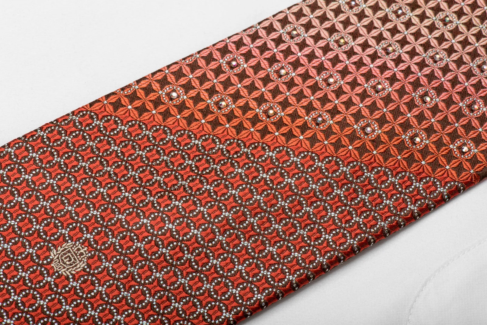 Paco Rabanne Men's Crystal Silk Tie Orange Geometric On Brown With Silver Sparkles - Image 4