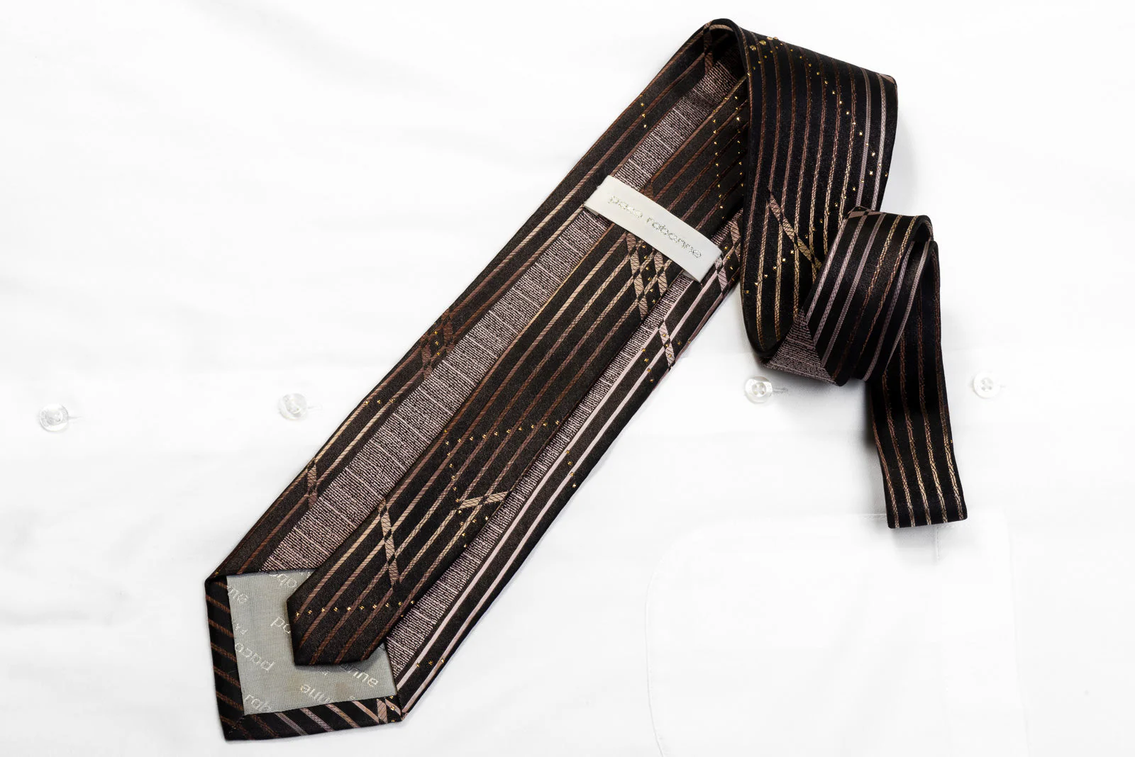 Paco Rabanne Men's Rhinestone Necktie Brown Vertical Striped On Black With Sparkles - Image 4