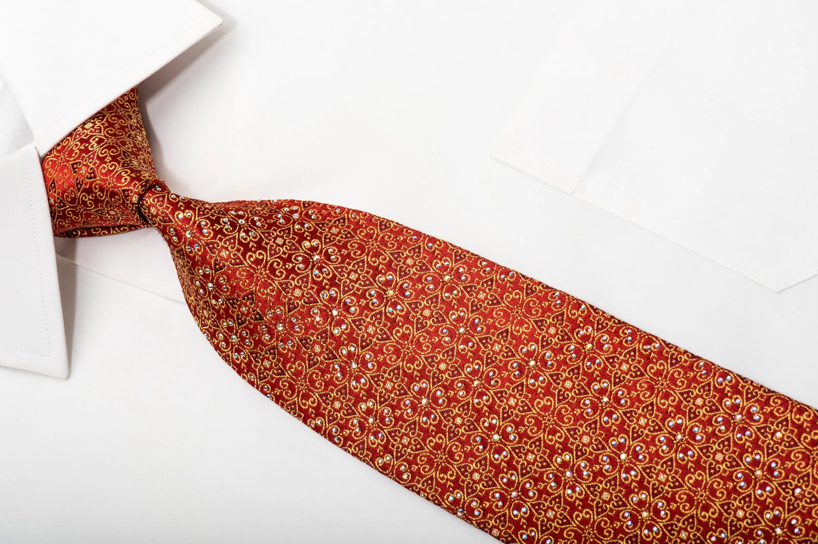Paco Rabanne Men's Silk Necktie Golden Filigree Floral On Red Sparkling With Rhinestones - Image 2