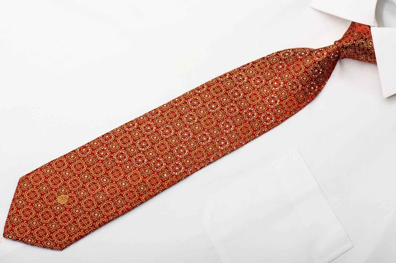Paco Rabanne Men's Silk Necktie Golden Filigree Floral On Red Sparkling With Rhinestones - Image 3