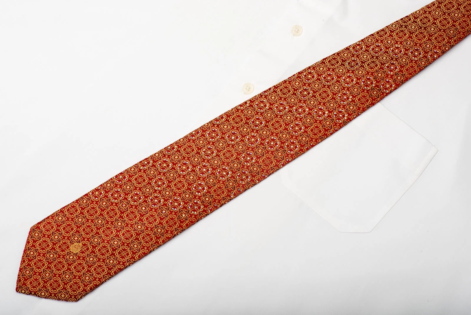Paco Rabanne Men's Silk Necktie Golden Filigree Floral On Red Sparkling With Rhinestones - Image 4