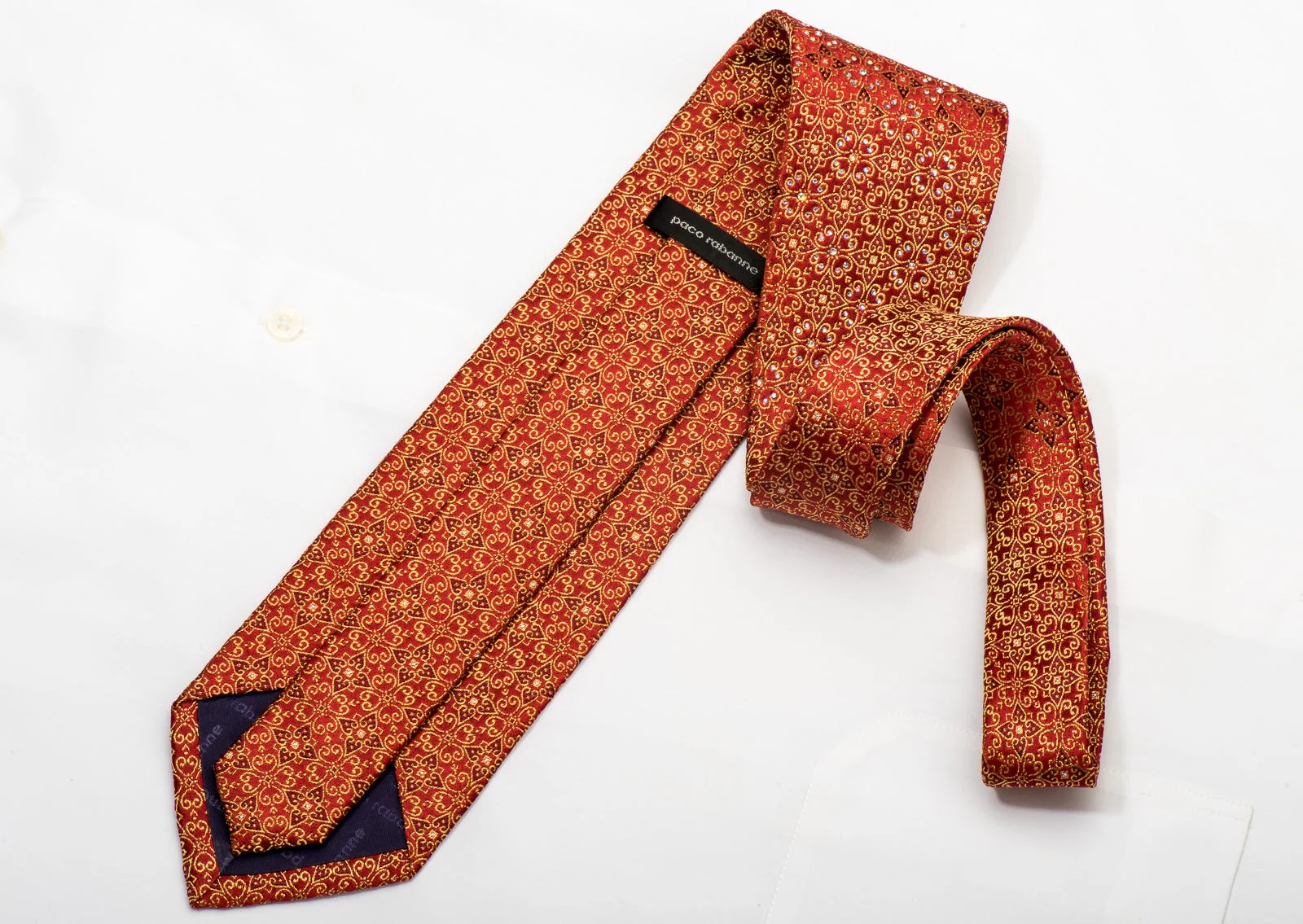 Paco Rabanne Men's Silk Necktie Golden Filigree Floral On Red Sparkling With Rhinestones - Image 5