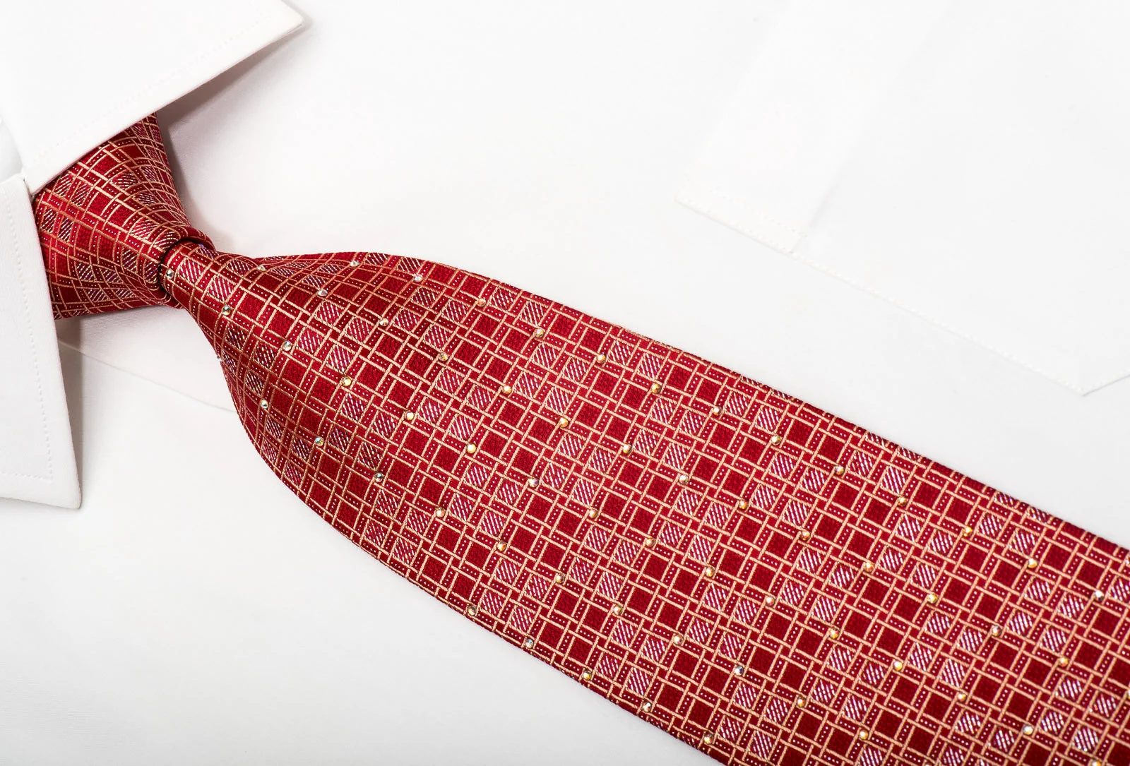 Paco Rabanne Men's Silk Necktie Golden Trellis On Red Sparkling With Rhinestones - Image 5