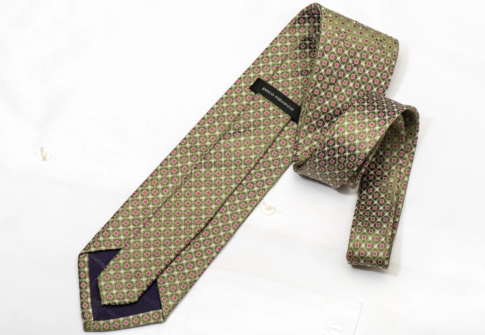 Paco Rabanne Men's Silk Necktie Pink Squares On Green Sparkling With Rhinestones - Image 3