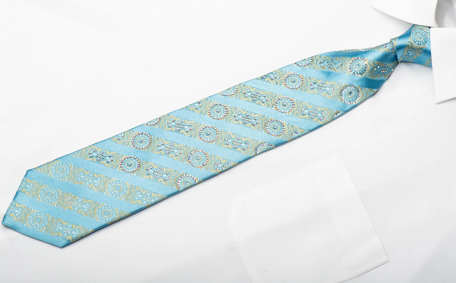 Paco Rabanne Men's Silk Necktie Yellow Cartouche Stripes On Pale Blue Sparkling With Rhinestones - Image 4