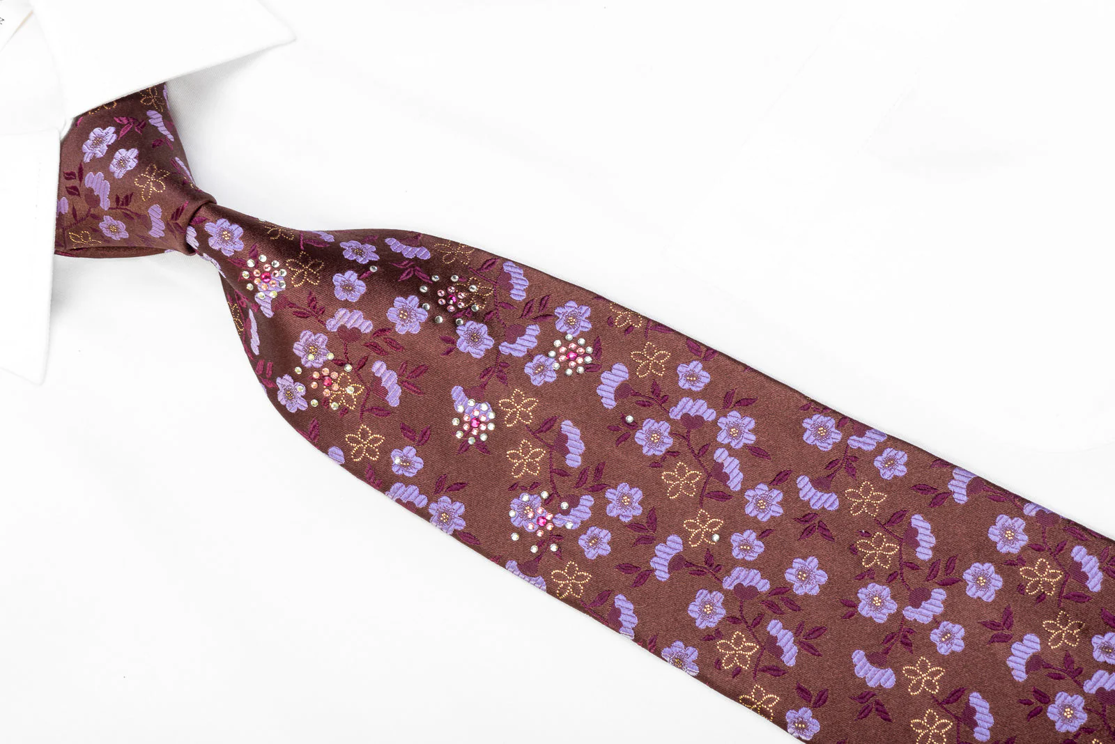 Paco Rabanne Men's Silk Rhinestone Necktie Mauve Floral On Brown With Sparkles - Image 2