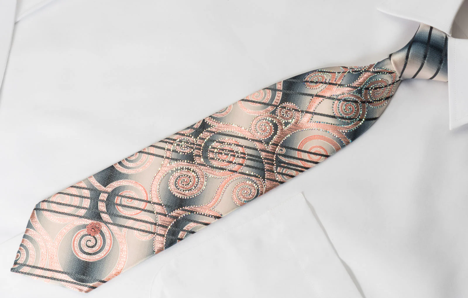 Paco Rabanne Mens Silk Rhinestone Necktie Pink Scrolls On Gray - Image 5