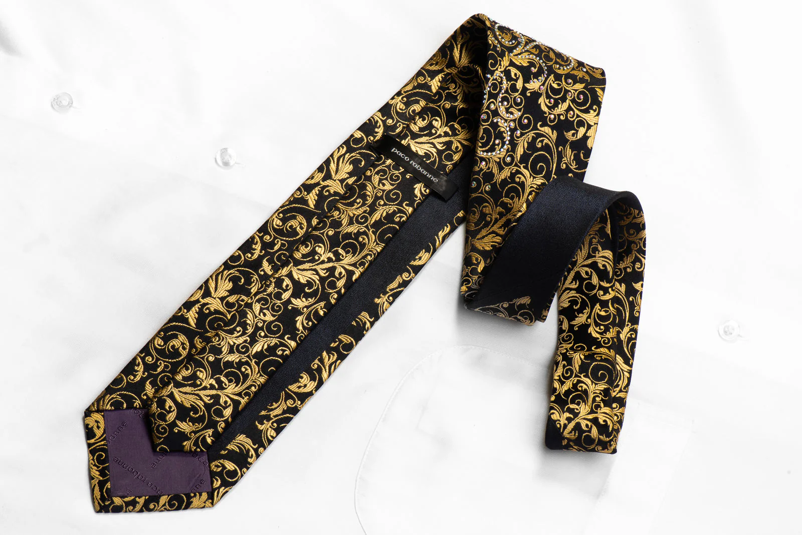 Paco Rabanne Rhinestone Necktie Golden Acanthus On Black Silk - Image 5