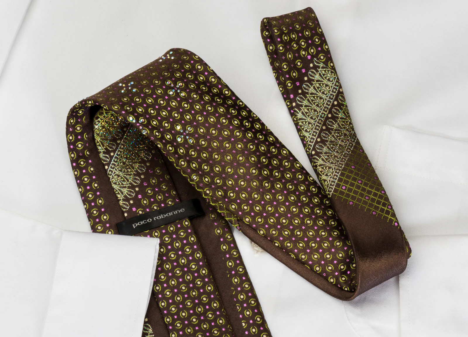 Paco Rabanne Rhinestone Necktie Golden Dots & Anthemion On Brown With Sparkles - Image 3