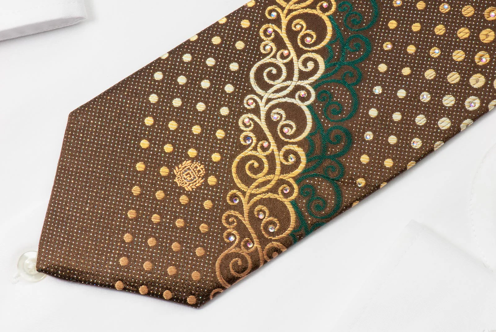 Paco Rabanne Rhinestone Necktie Scrolls & Dots On Brown With Silver Sparkles - Image 2