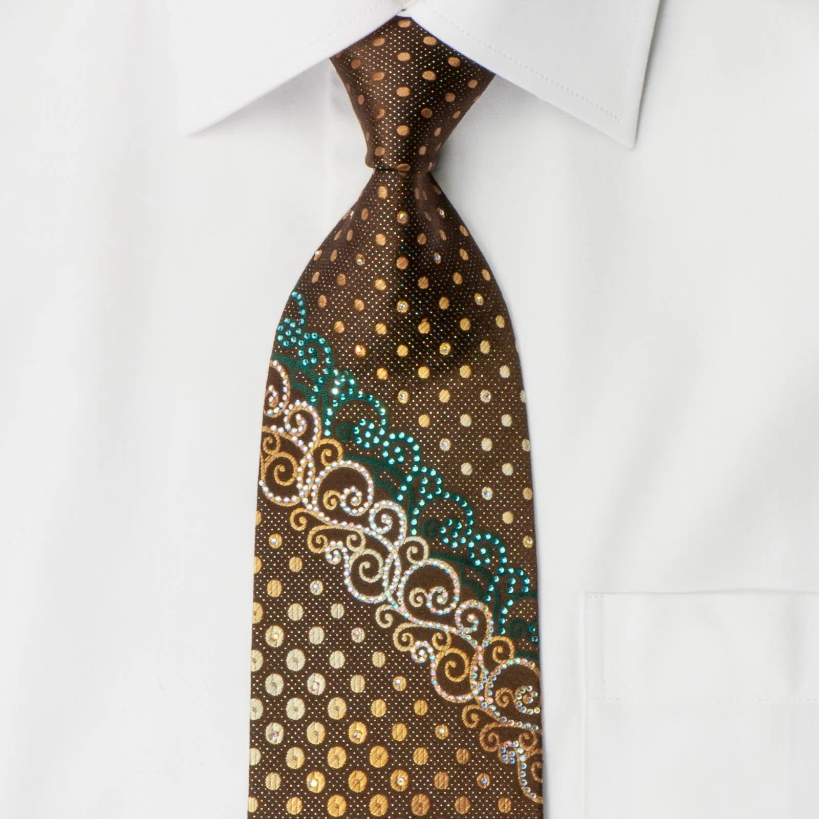 Paco Rabanne Rhinestone Necktie Scrolls & Dots On Brown With Silver Sparkles - Image 6