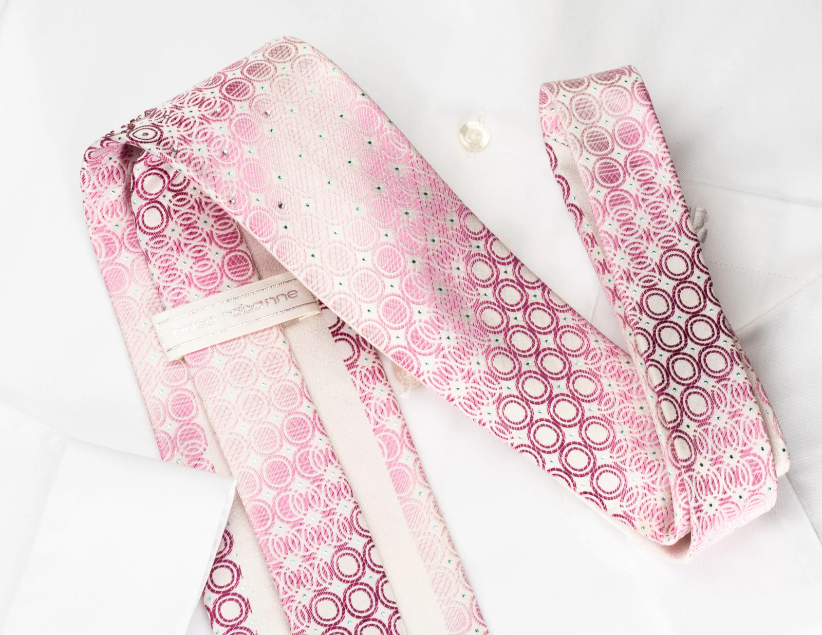 Paco Rabanne Rhinestone Silk Necktie Geometric Circles On Pink With Blue Sparkles - Image 6