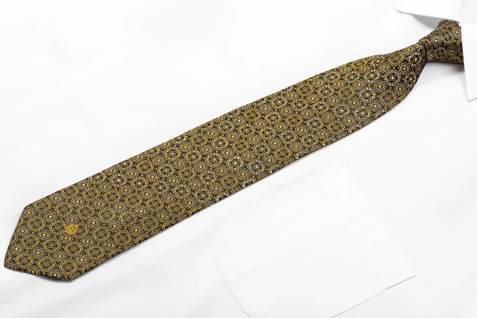 Paco Rabanne Rhinestone Silk Necktie Gold Cartouche On Black With Sparkles - Image 4