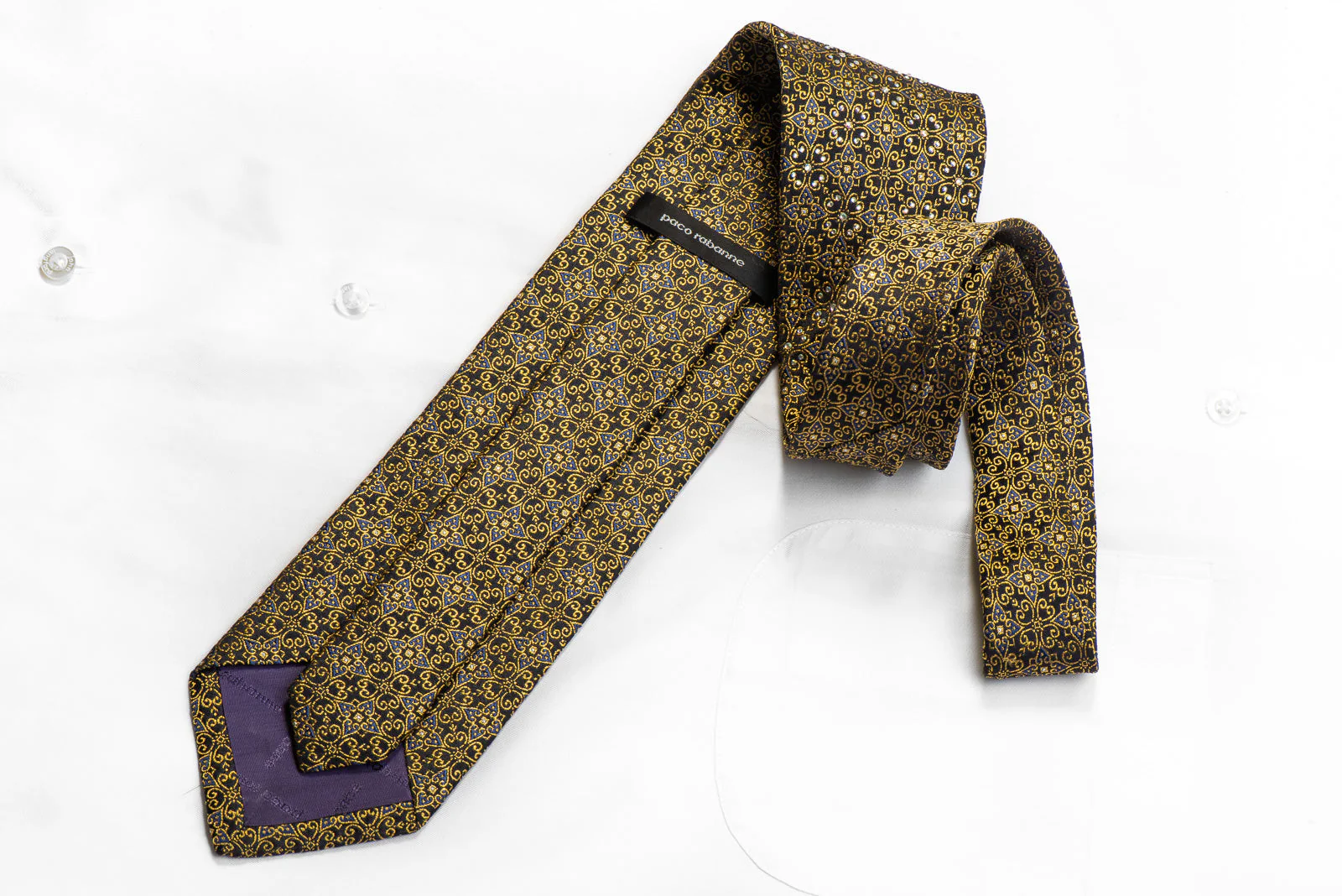 Paco Rabanne Rhinestone Silk Necktie Gold Cartouche On Black With Sparkles - Image 5