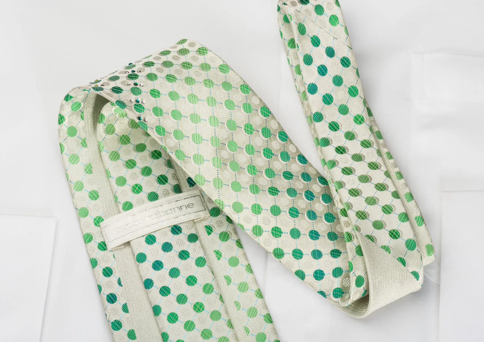 Paco Rabanne Rhinestone Silk Necktie Green Polka Dots On White With Turquoise Sparkles - Image 7
