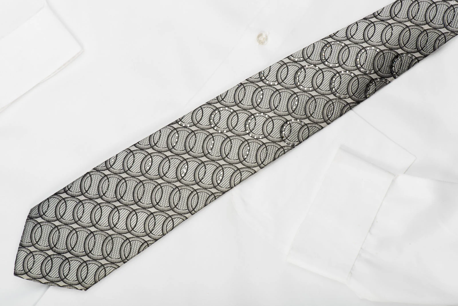 Paco Rabanne Rhinestone Silk Tie Black Circles On Silver With Sparkles - Image 3