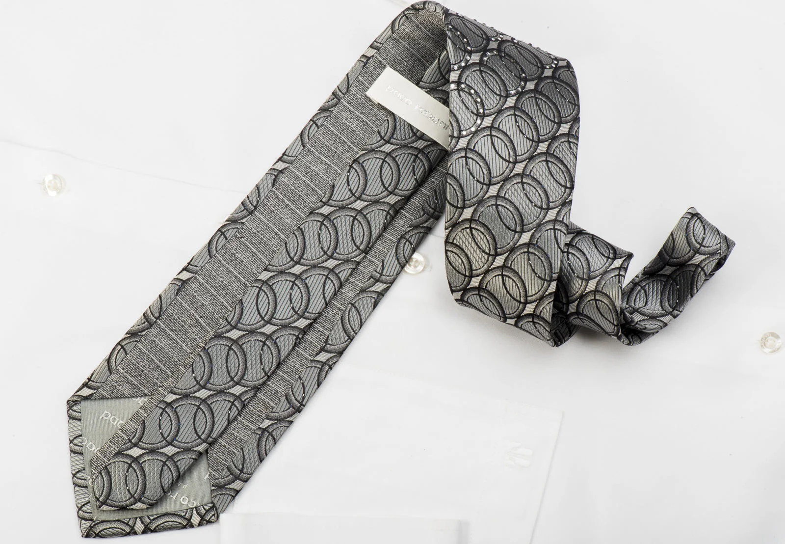 Paco Rabanne Rhinestone Silk Tie Black Circles On Silver With Sparkles - Image 5