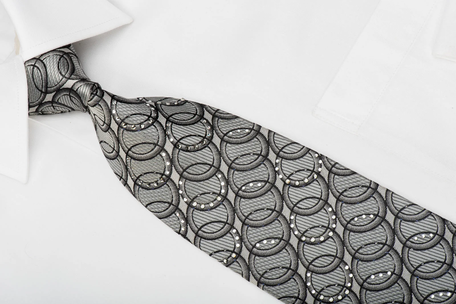 Paco Rabanne Rhinestone Silk Tie Black Circles On Silver With Sparkles - Image 6