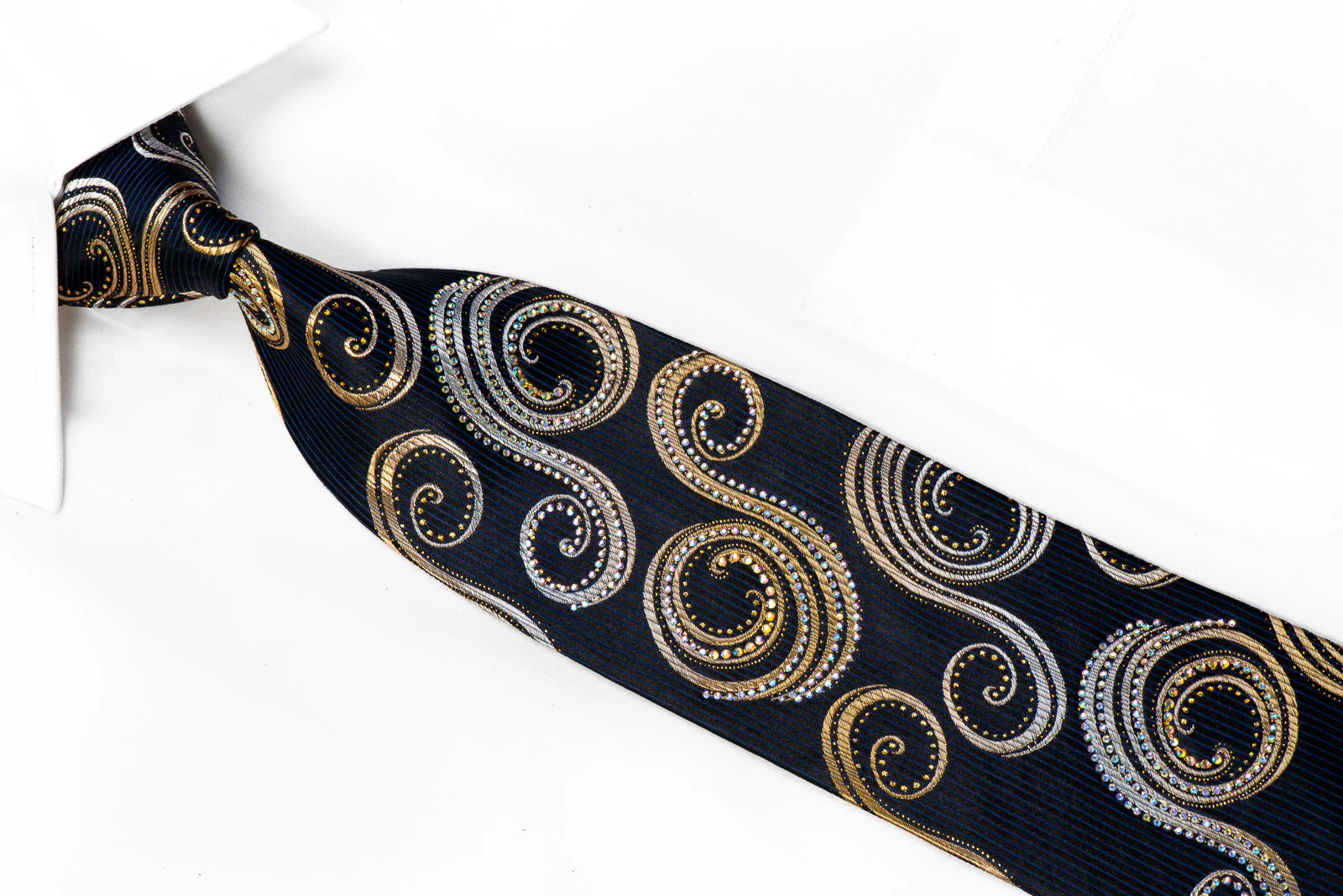 Rhinestone Silk Tie Gold Silver Scrolls On Black With Sparkles - Image 2