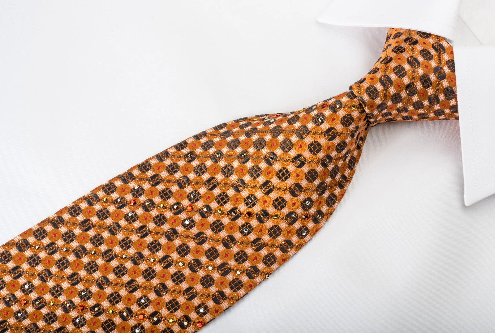 Paco Rabanne Rhinestone Silk Tie Orange Black Trellis With Silver Sparkles - Image 3