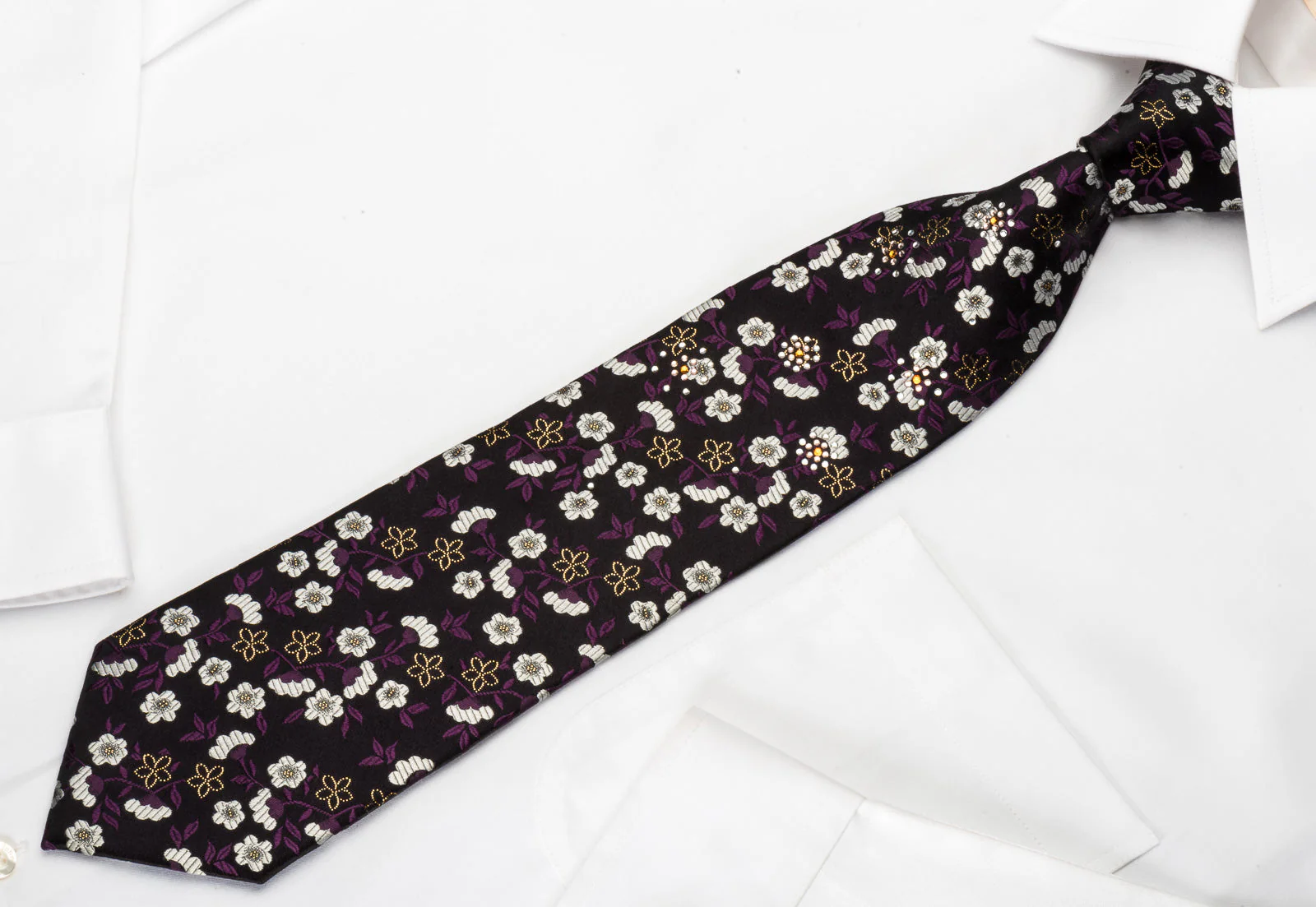 Paco Rabanne Rhinestone Silk Tie Silver Floral On Black With Silver Sparkles - Image 2