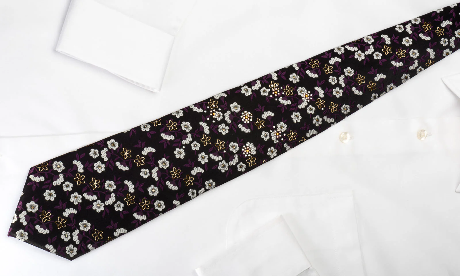 Paco Rabanne Rhinestone Silk Tie Silver Floral On Black With Silver Sparkles - Image 5