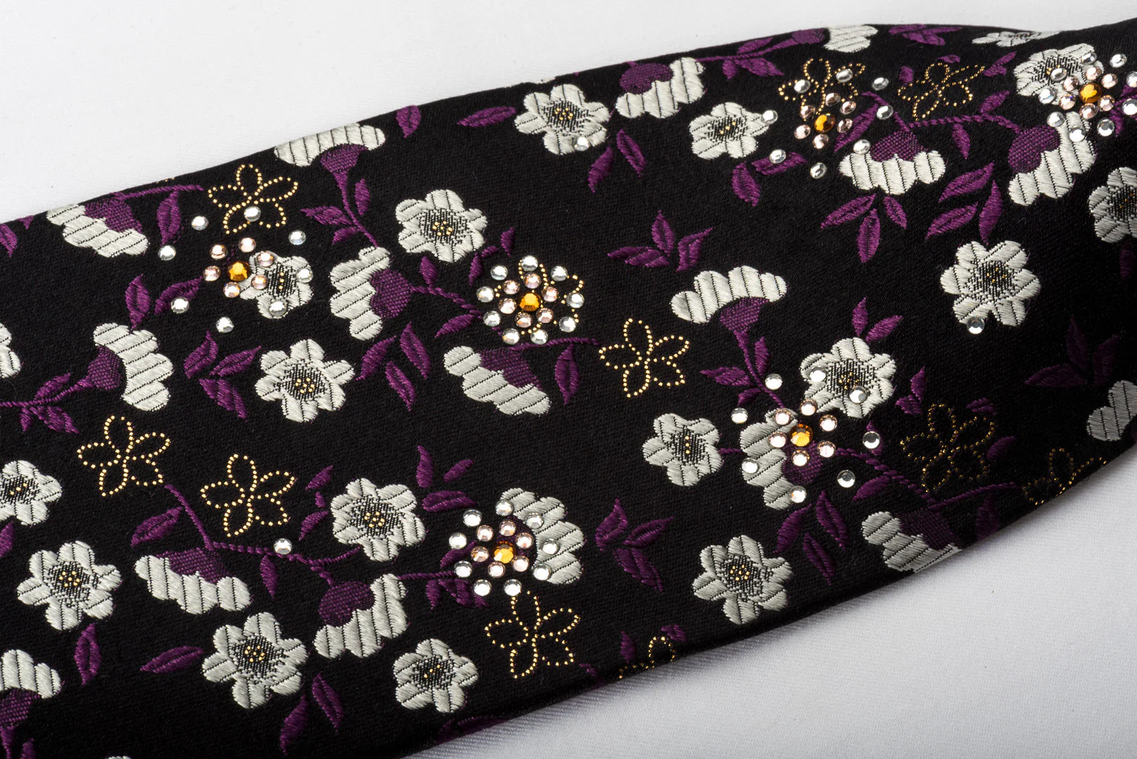 Paco Rabanne Rhinestone Silk Tie Silver Floral On Black With Silver Sparkles - Image 6