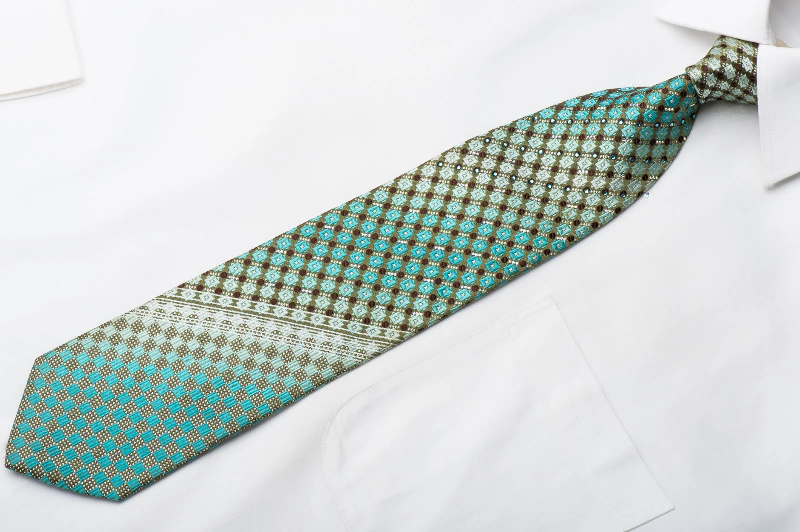 Paco Rabanne Mens Rhinestone Tie Turquoise Checker On Silver Silk With Sparkles - Image 4