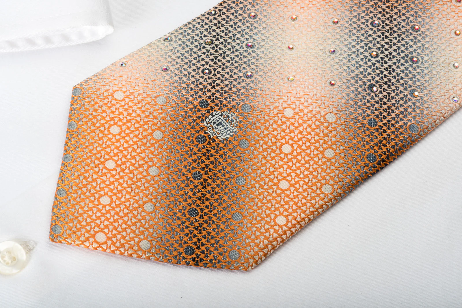 Paco Rabanne Silk Necktie Orange Silver Geometric With Rhinestones - Image 5