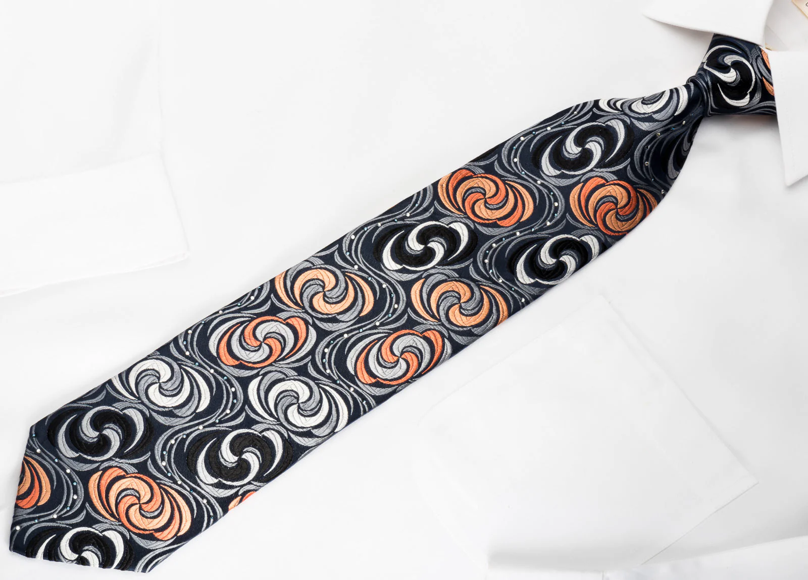 Paco Rabanne Silk Necktie Silver Orange Twirls On Black With Rhinestones - Image 2