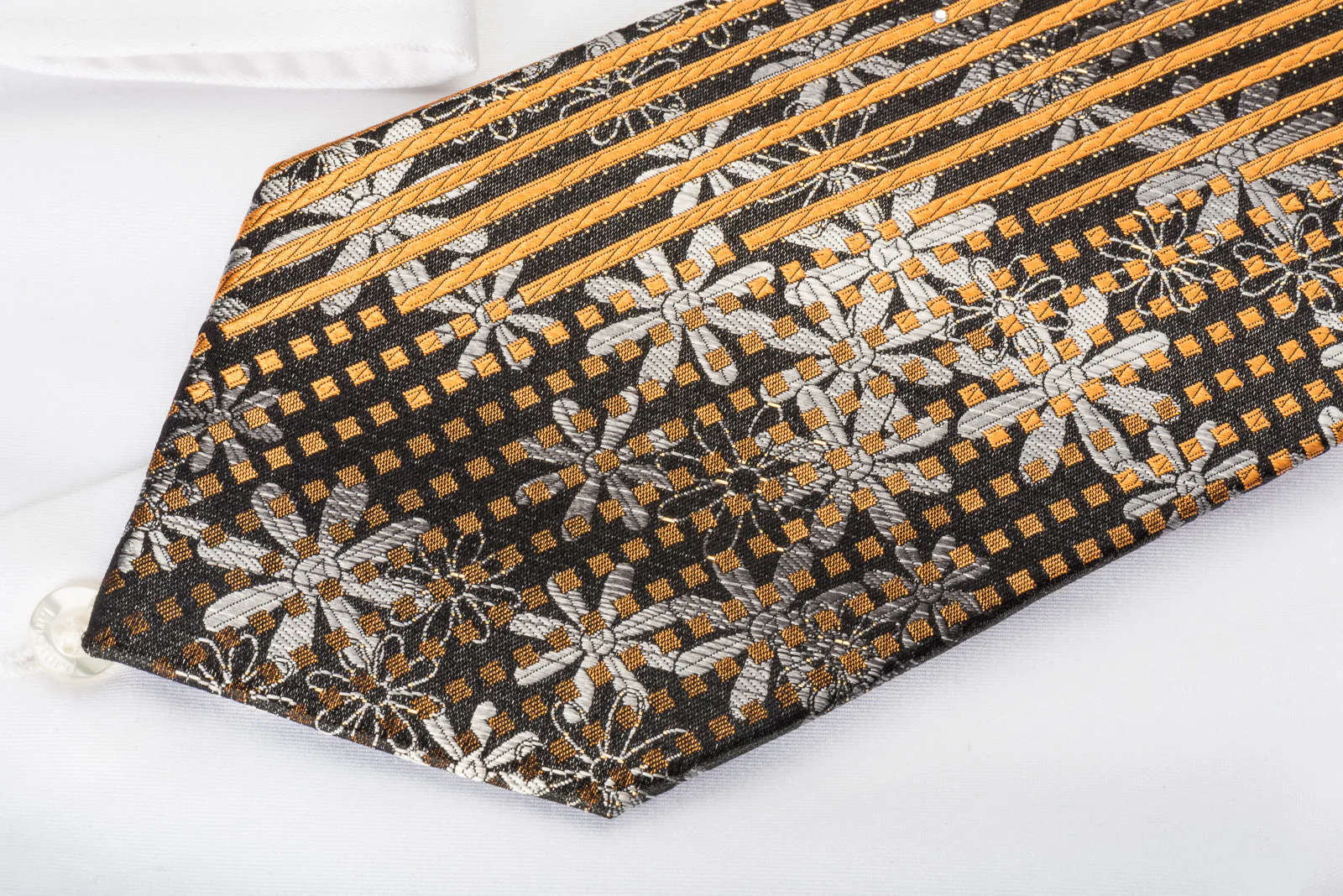 Paco Rabanne Silk Rhinestone Necktie Silver Floral Orange Stripes On Black With Silver Sparkles - Image 4