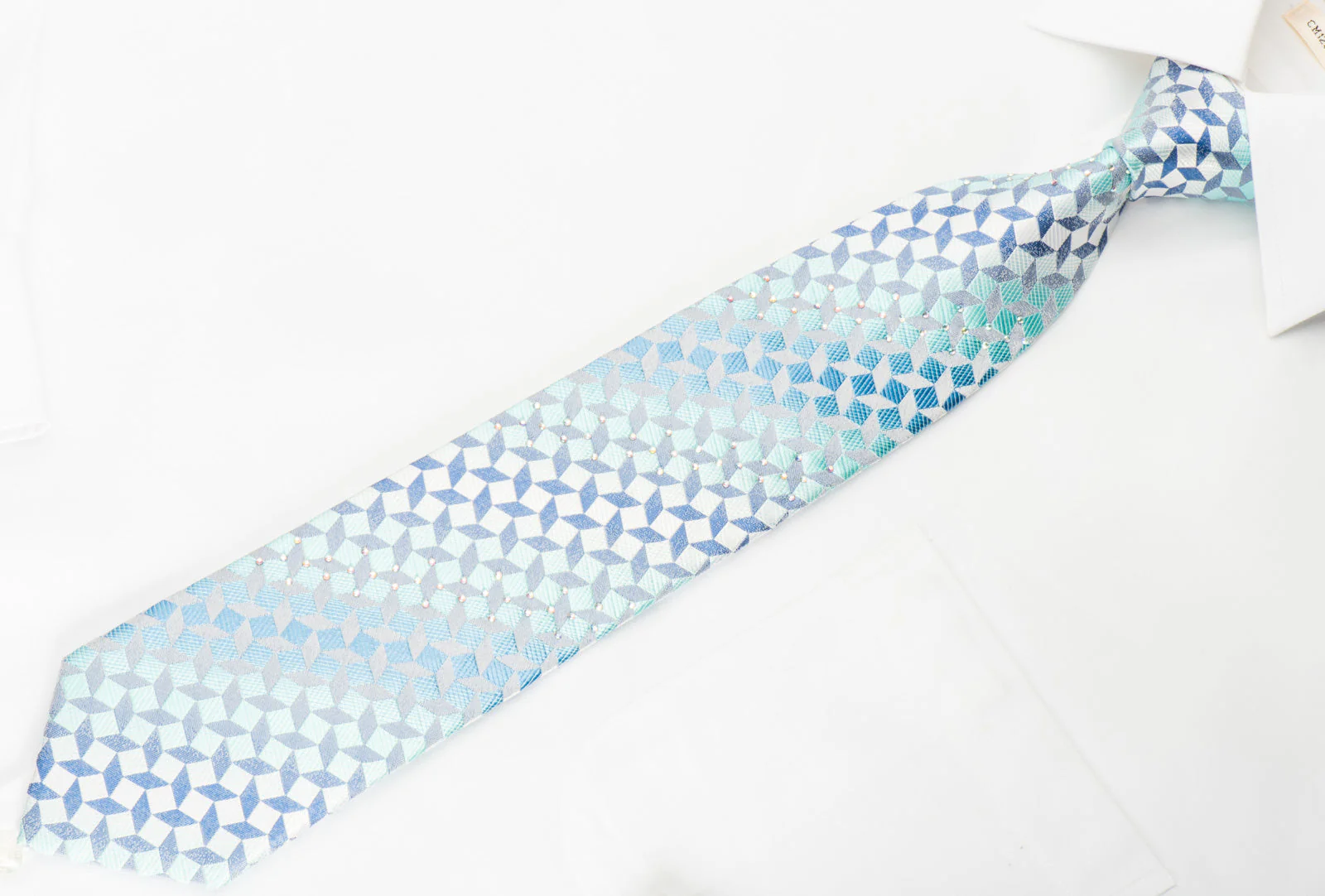 Paco Rabanne Silk Tie Blue Geometric On Silver With Rhinestones - Image 2