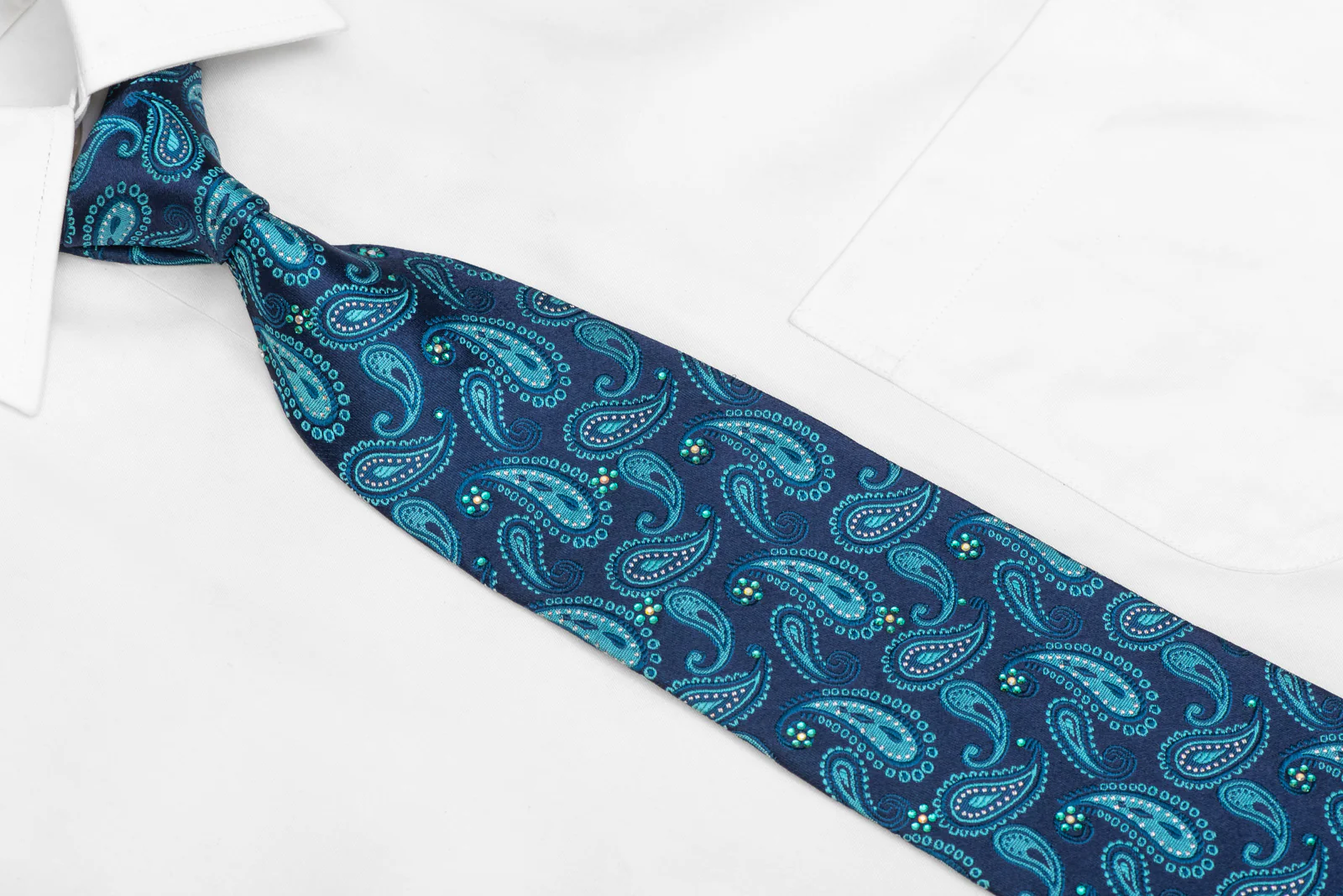 Paisley Blue Rhinestone Silk Necktie with Silver Sparkles. - Image 2