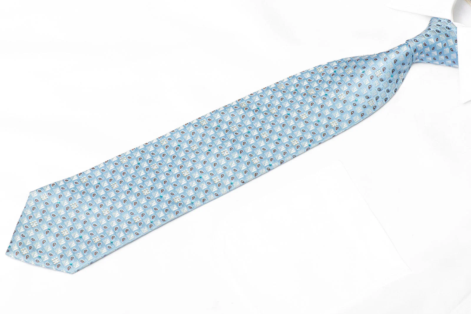 Paisley Checkered Motif On Light Blue Silver Rhinestone Tie With Silver Sparkles - Image 2