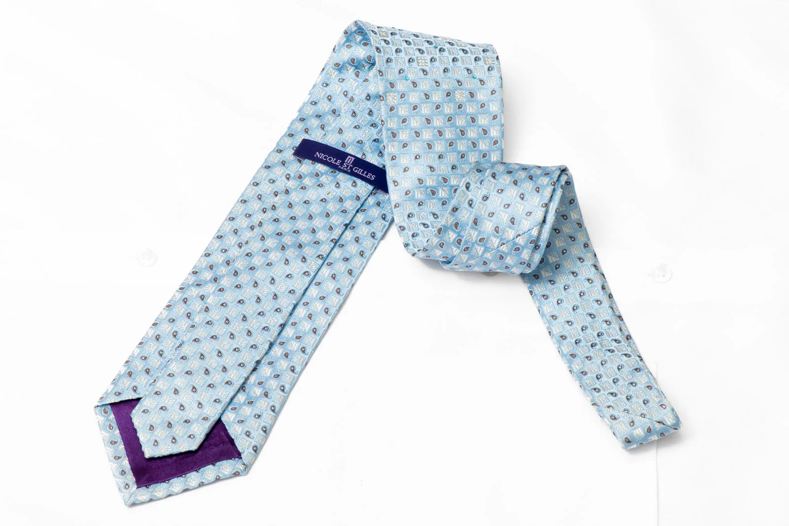 Paisley Checkered Motif On Light Blue Silver Rhinestone Tie With Silver Sparkles - Image 3