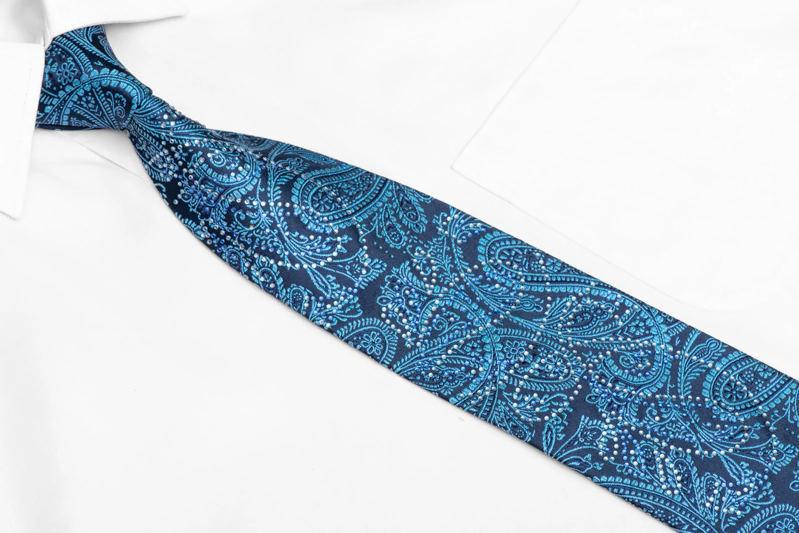 Paisley On Navy Blue Rhinestone Silk Necktie With Blue Sparkles - Image 2