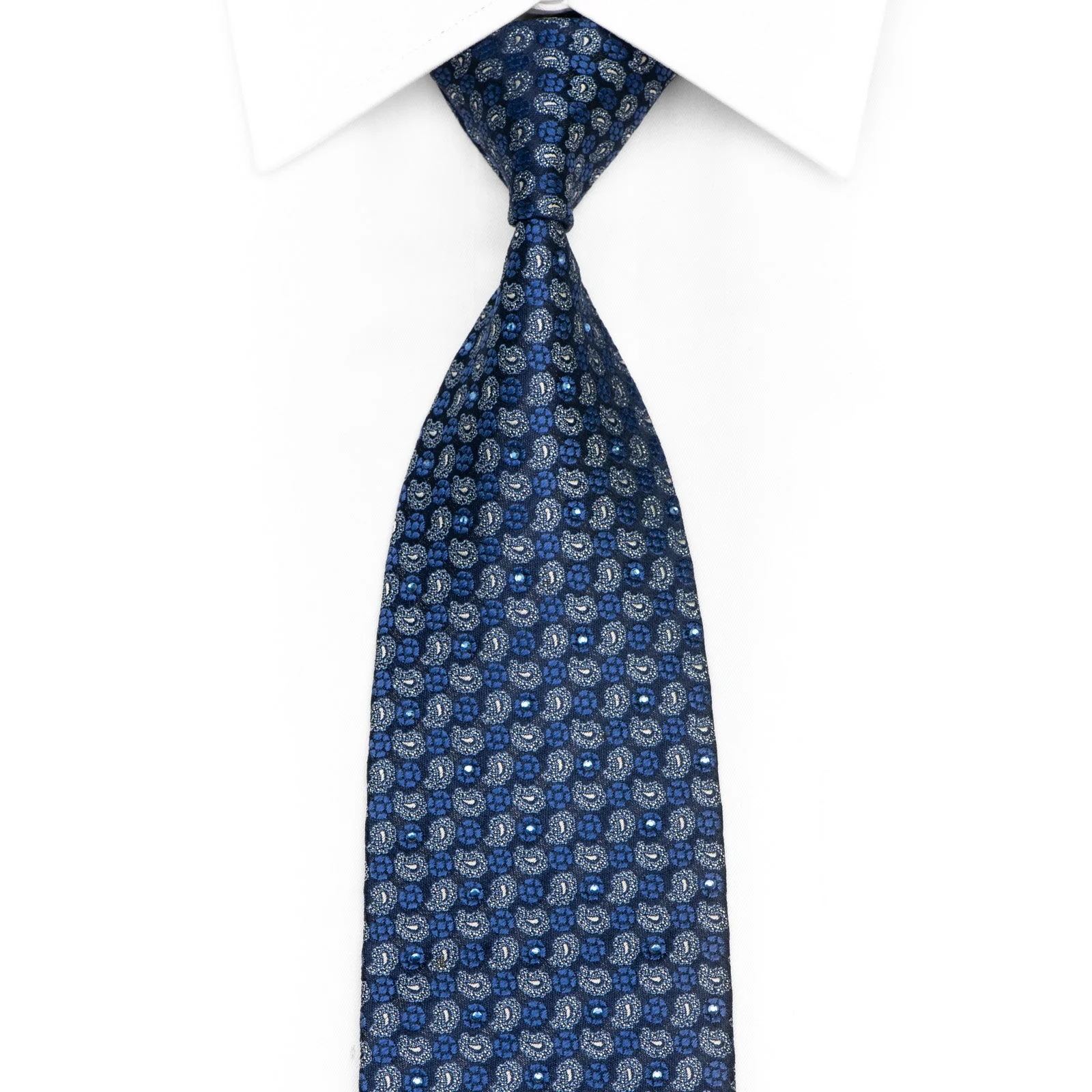Paisley On Navy Blue Rhinestone Silk Tie With Silver Sparkles