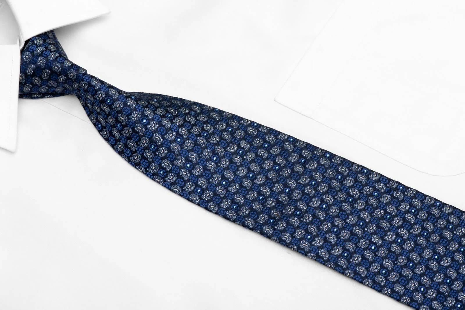 Paisley On Navy Blue Rhinestone Silk Tie With Silver Sparkles - Image 2