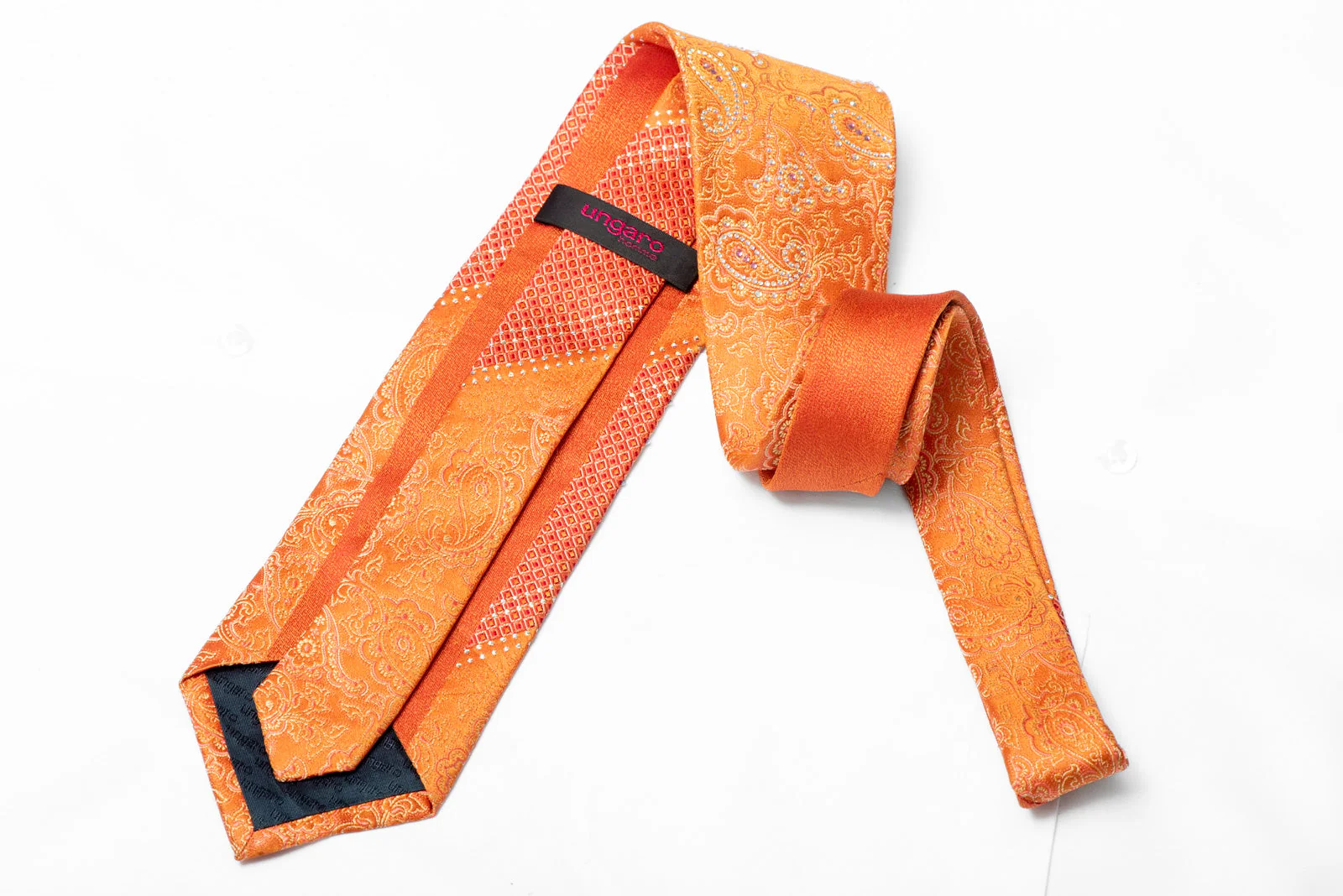 Paisley On Orange Rhinestone Silk Tie With Silver Sparkles - Image 3