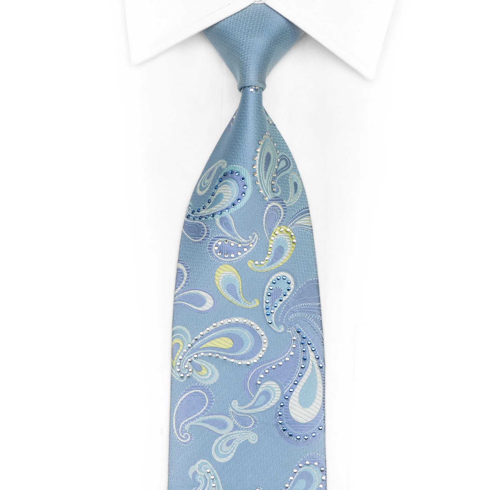 Paisley On Pale Blue Rhinestone Silk Necktie With Silver Sparkles