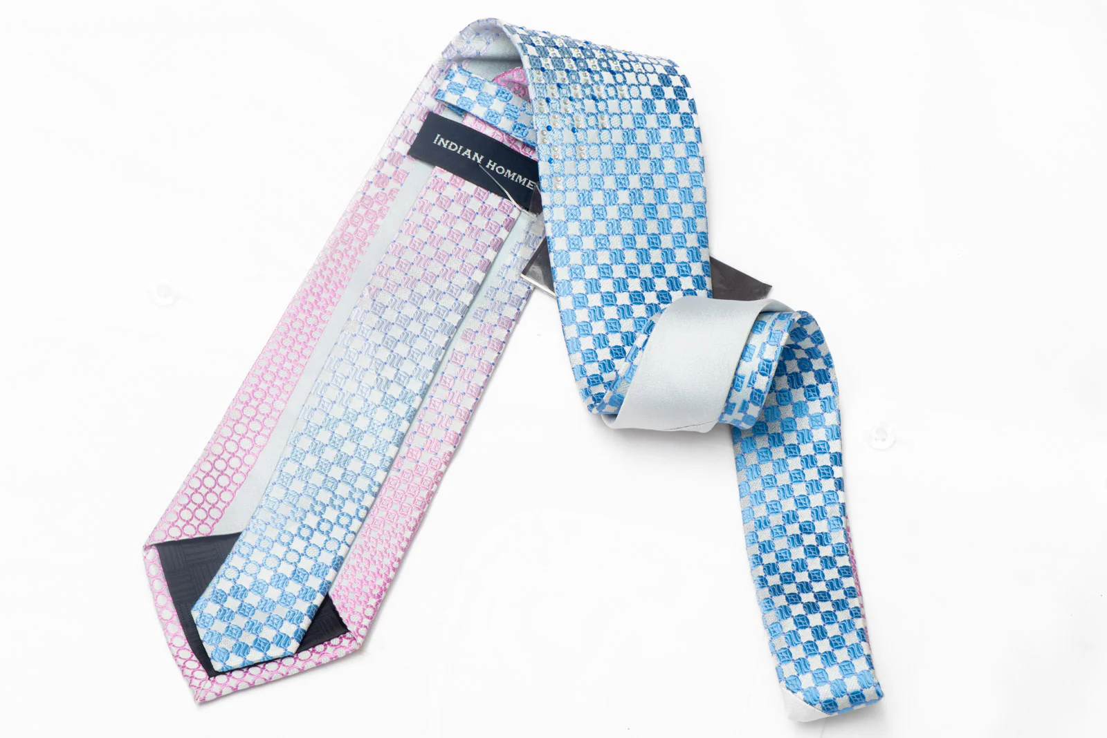 Pale Blue Pink Checkered Rhinestone Silk Necktie With Silver Sparkles - Image 3