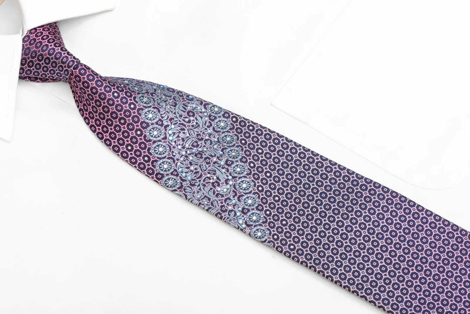 Silver Cartouche Violet Geometric On Blue Rhinestone Silk Tie - Image 2
