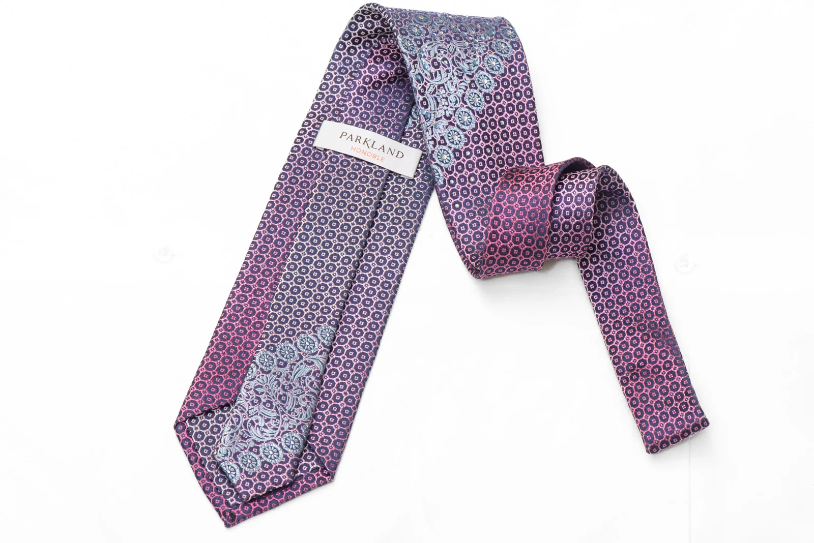 Silver Cartouche Violet Geometric On Blue Rhinestone Silk Tie - Image 4