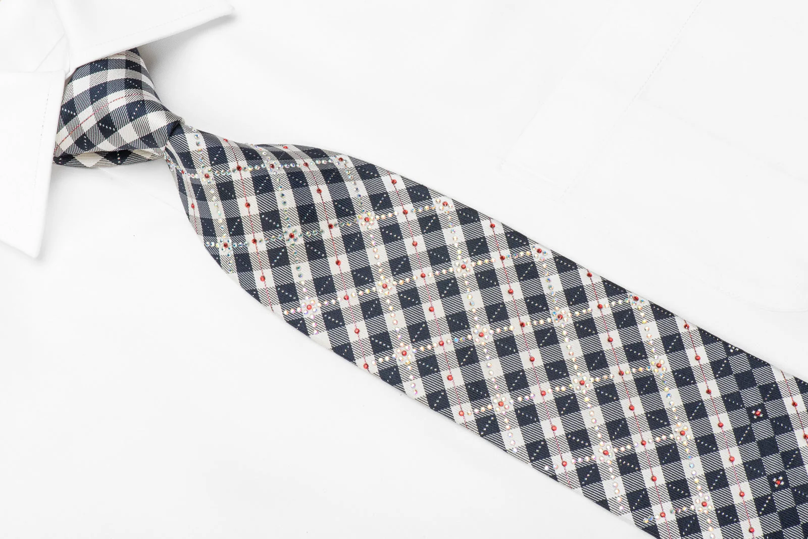 Silver Navy Plaid Rhinestone Silk Tie With Silver Sparkles - Image 3