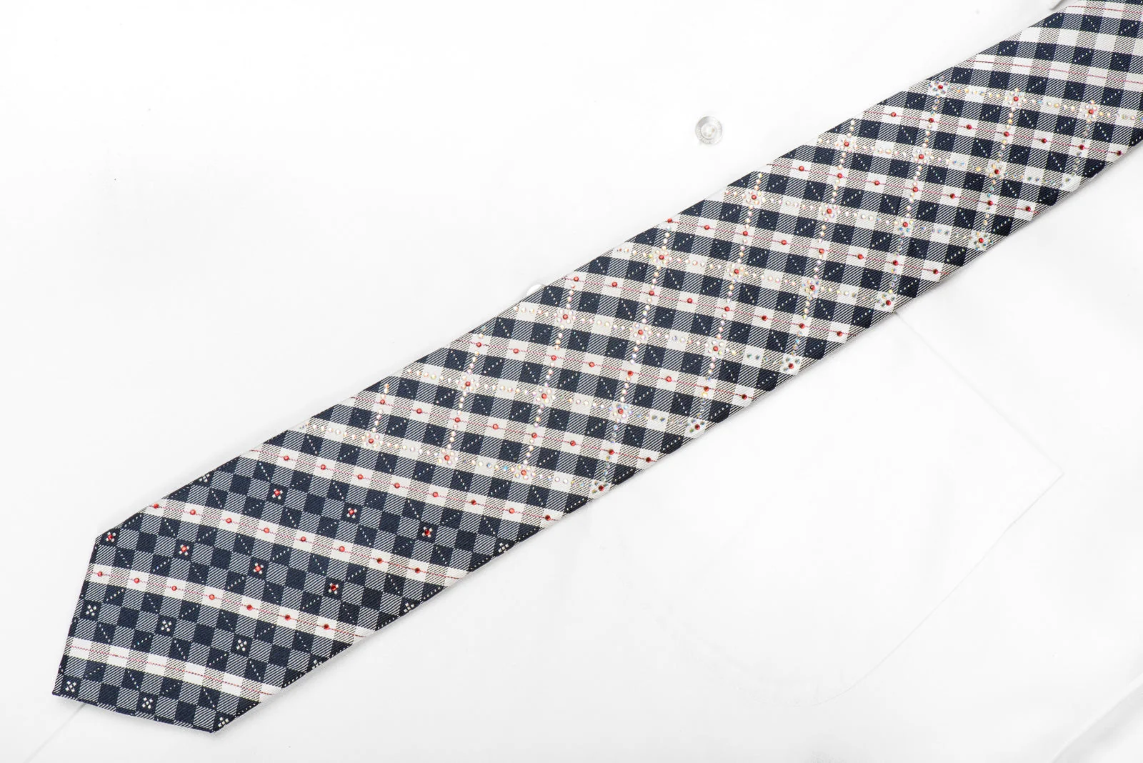 Silver Navy Plaid Rhinestone Silk Tie With Silver Sparkles - Image 4