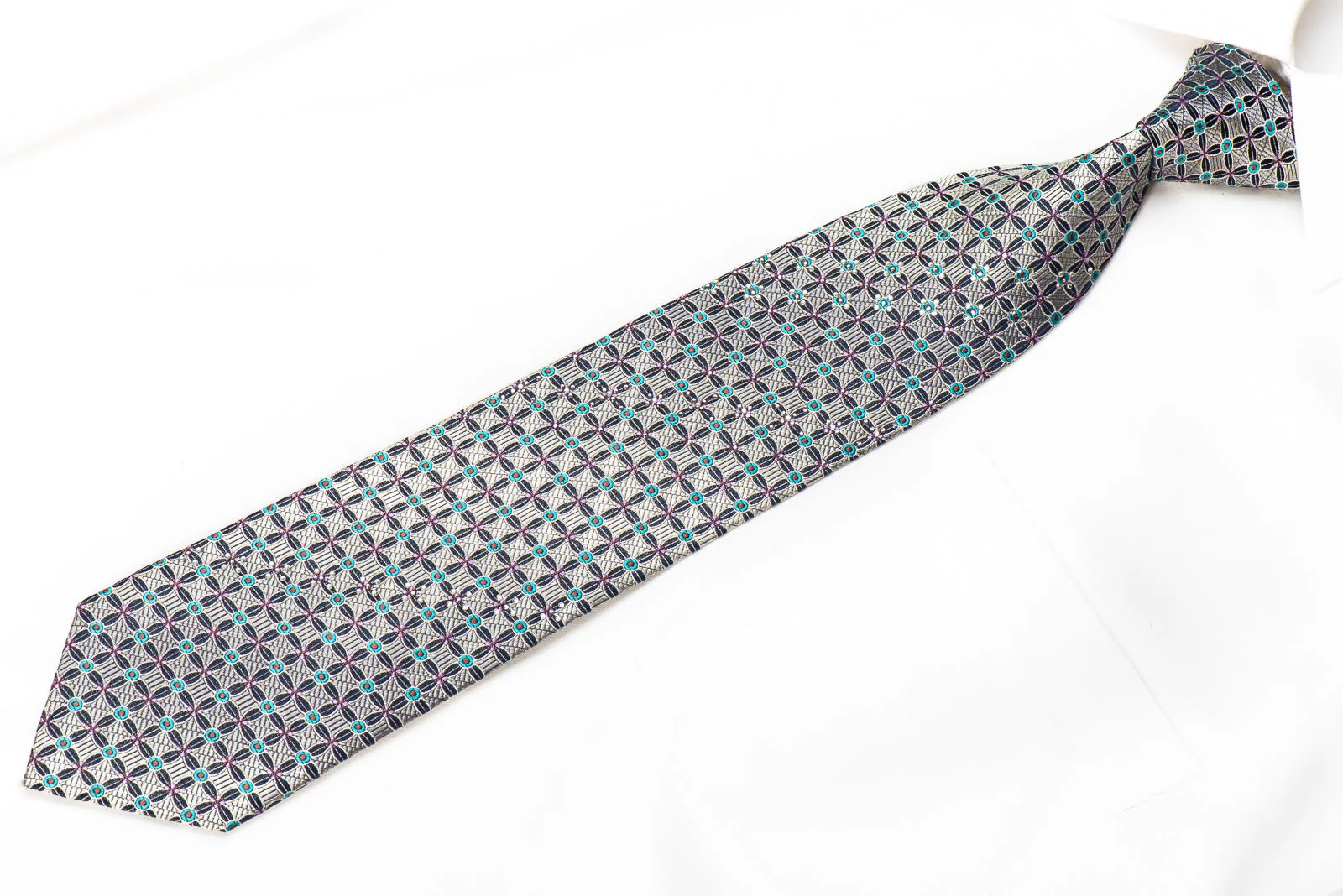 Park Land Men's Crystal SIlk Necktie Silver Geometric On Navy With Rhinestones - Image 3