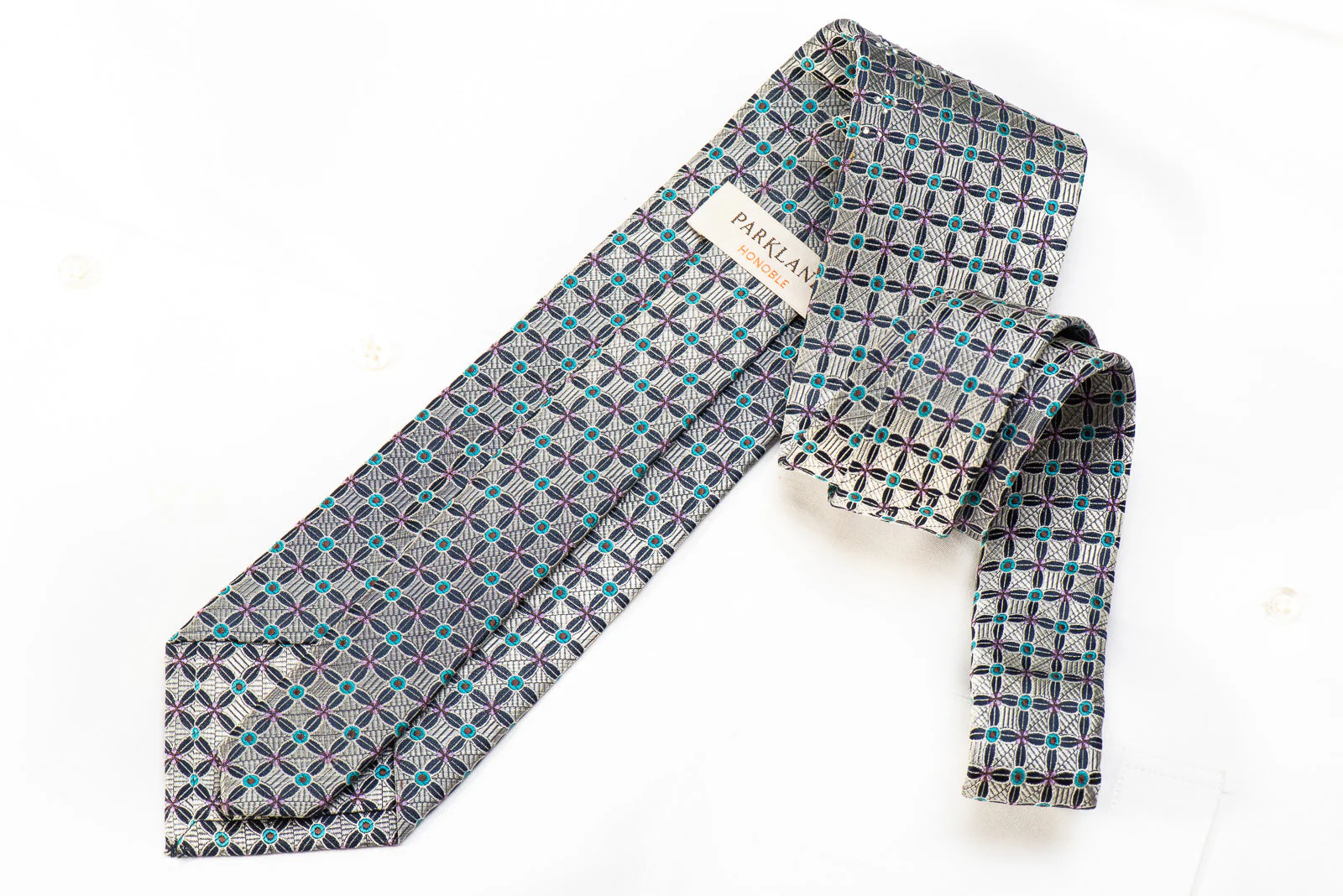 Park Land Men's Crystal SIlk Necktie Silver Geometric On Navy With Rhinestones - Image 4